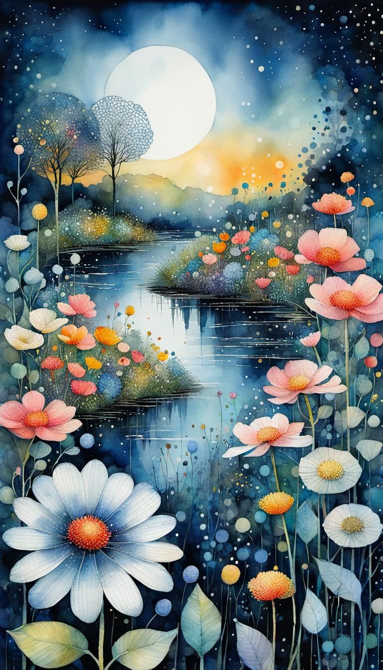 Whimsical Moonlit Bloomscapes with Intricate Patterns
