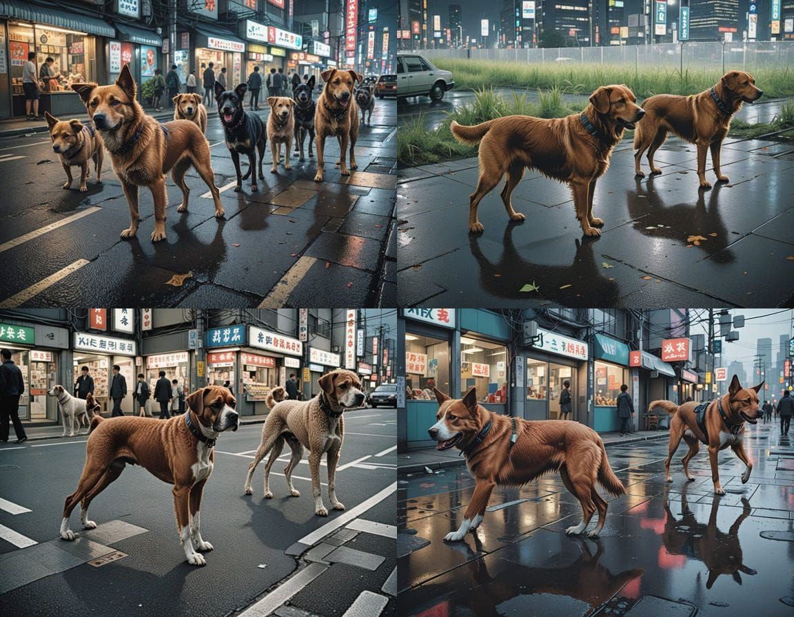 Dogs Under Tokyo's Neon Night Sky