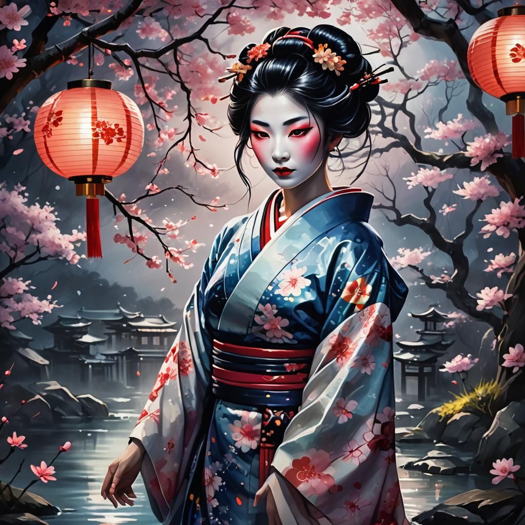 Mystical Geisha Portrait in Moonlit Garden, Splash Art
