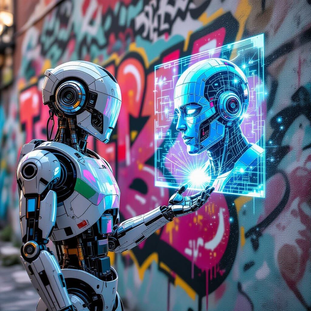 Holographic Robot Projecting Hacker Face Graffiti Art