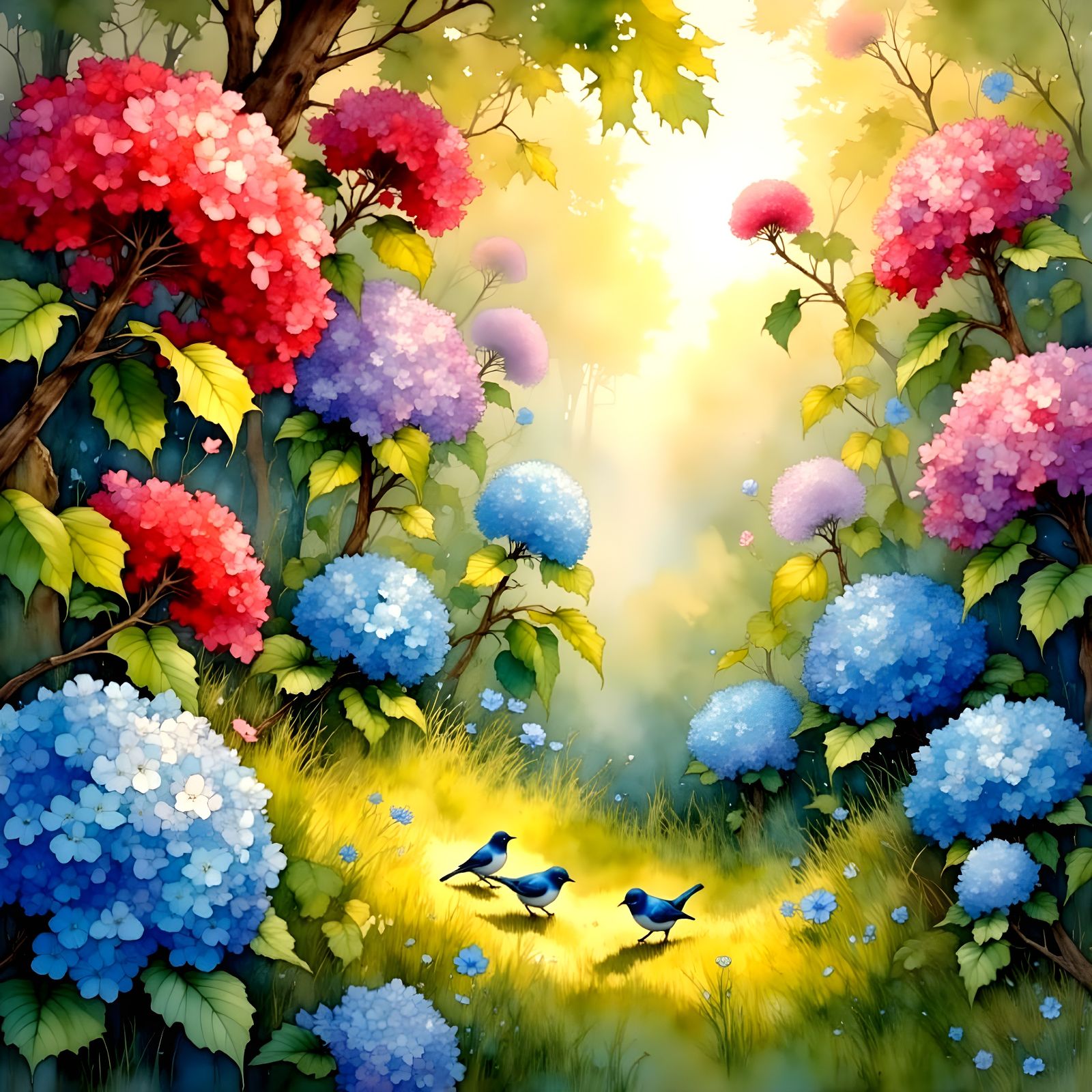 Vibrant Cherry Blossoms Surround Happy Blue Birds in a Seren...