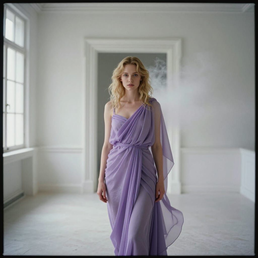 Ethereal Blonde Woman in Lavender Chiffon in White Room