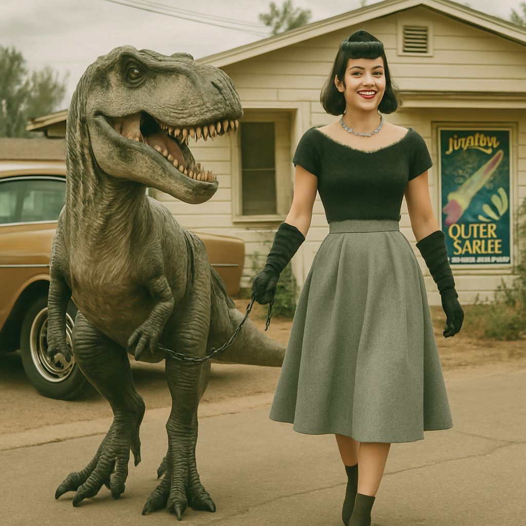 Woman Walks Pet Dinosaur in 1950s Retro Future