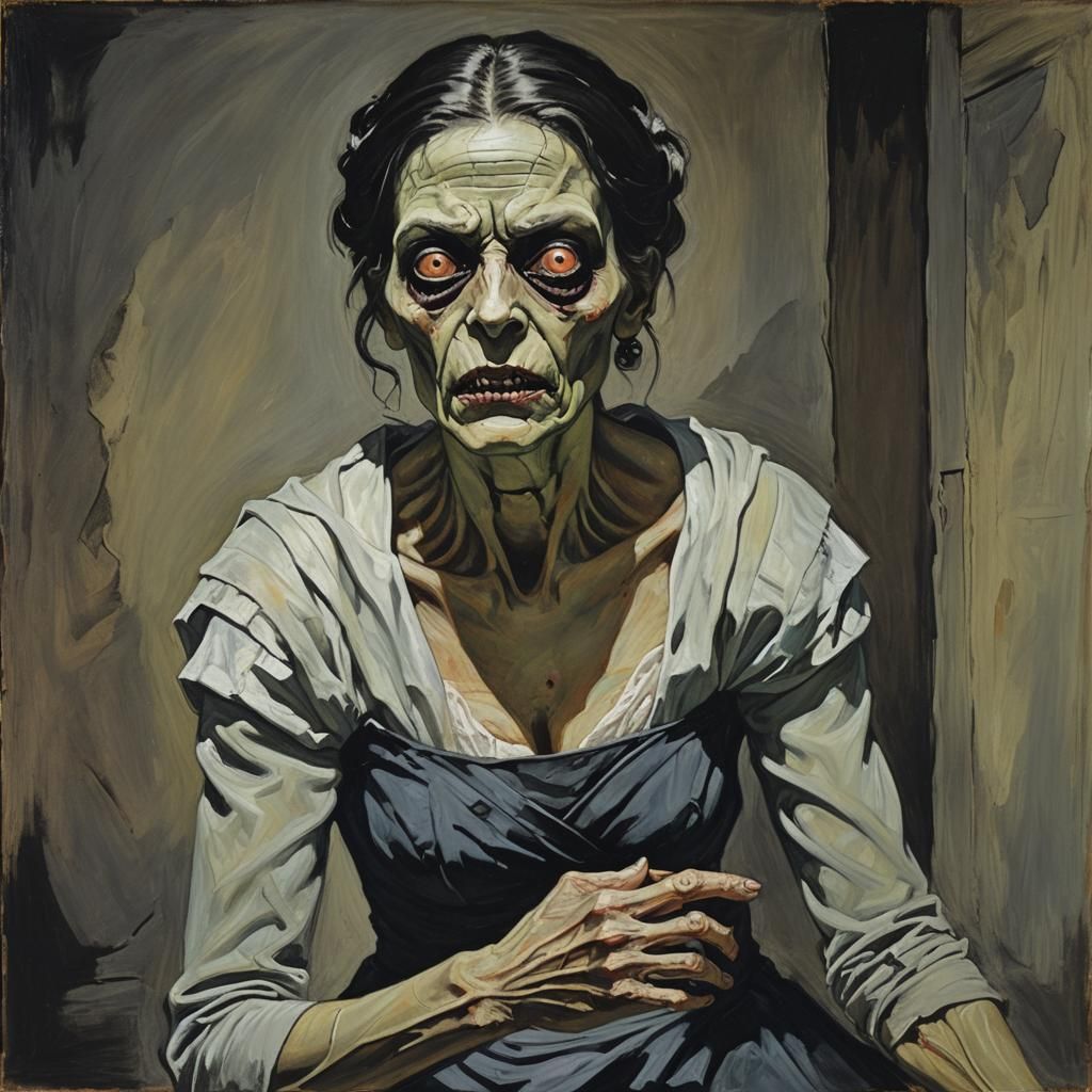 Frankenstein-Mummy Hybrid in Haunted Mansion, Pastel Art