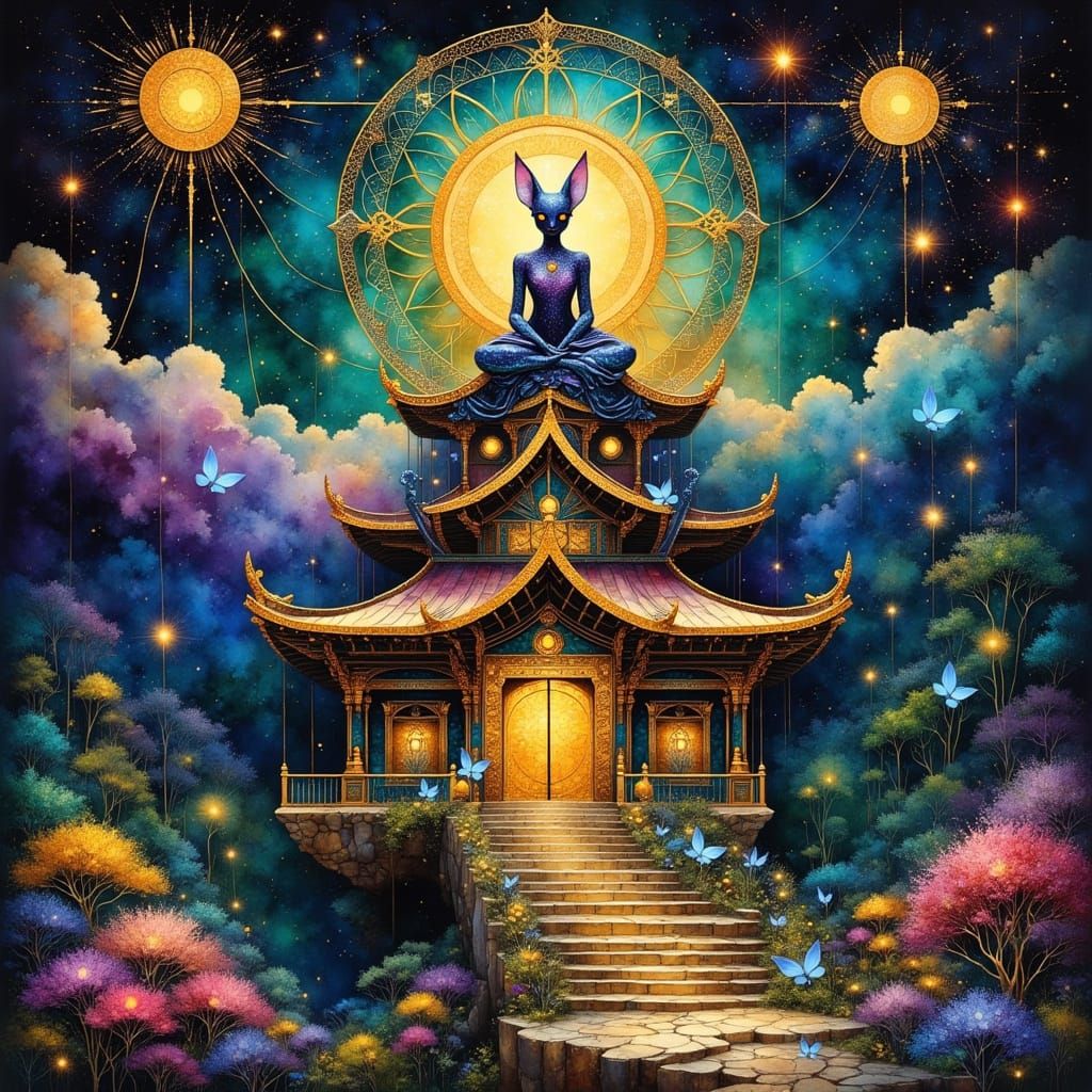 Floating Pagoda with Nine-Tailed Fox and Mandala Patterns