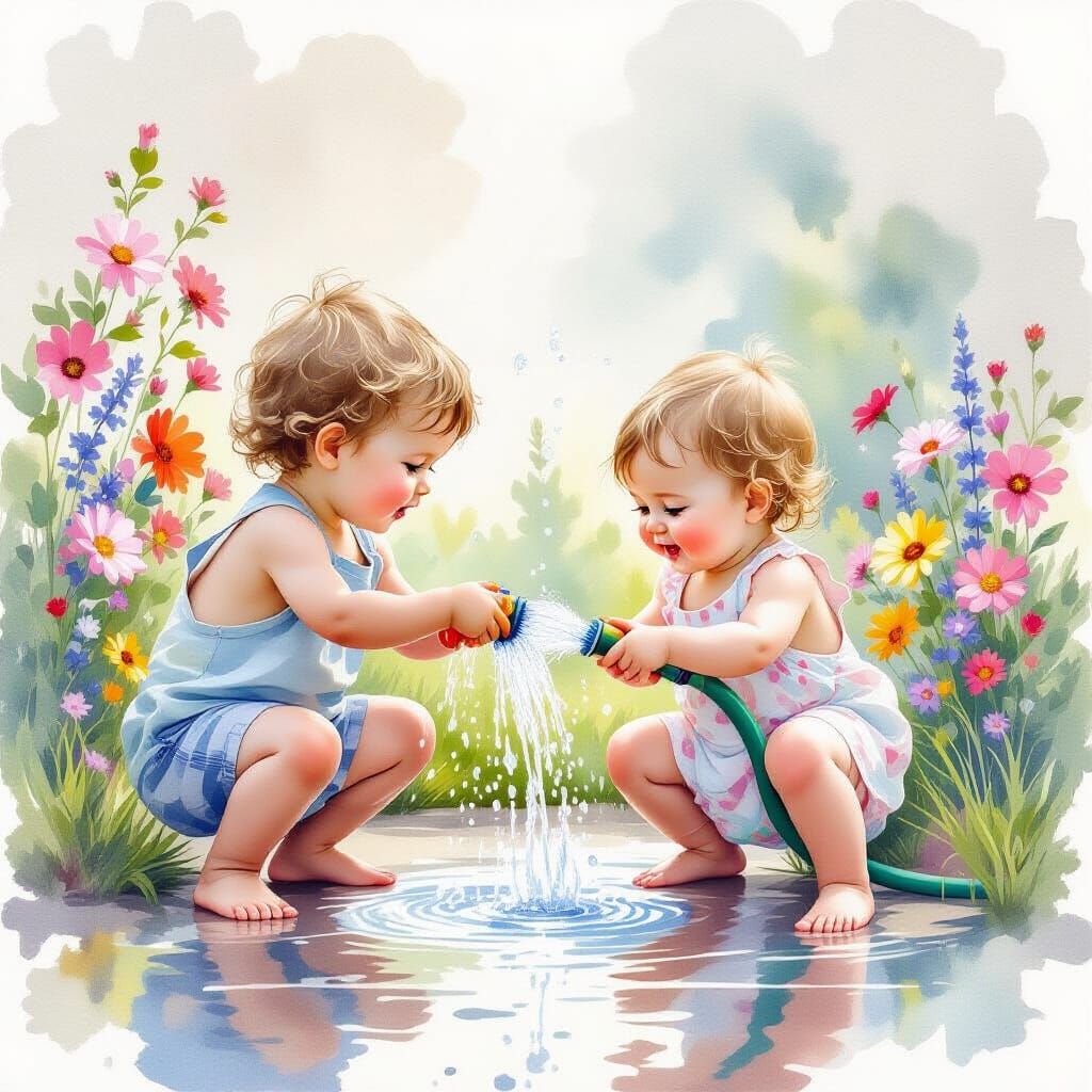 Ethereal Watercolour of Siblings Playing with Hose