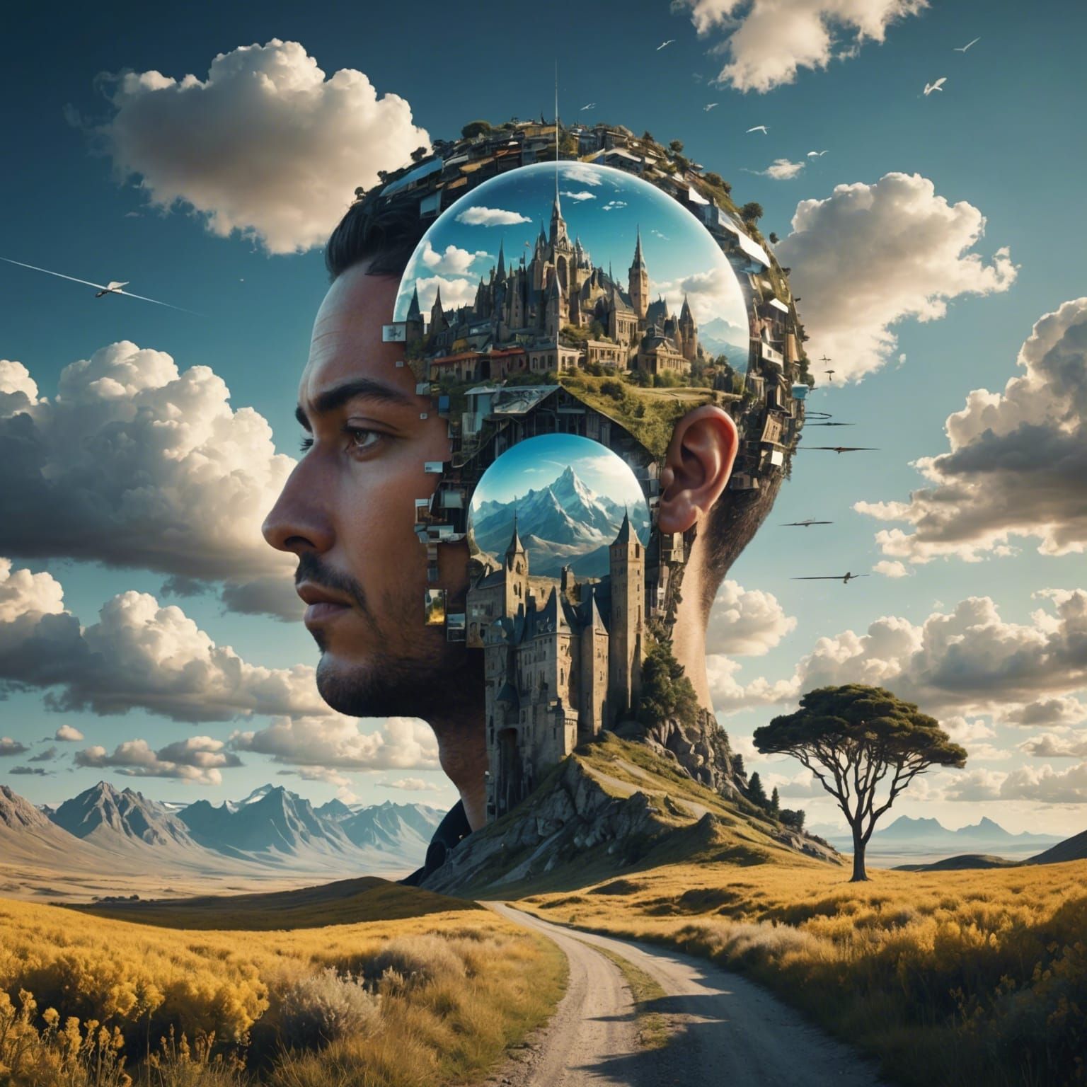 Surreal Landscape Collage with Glitch Art