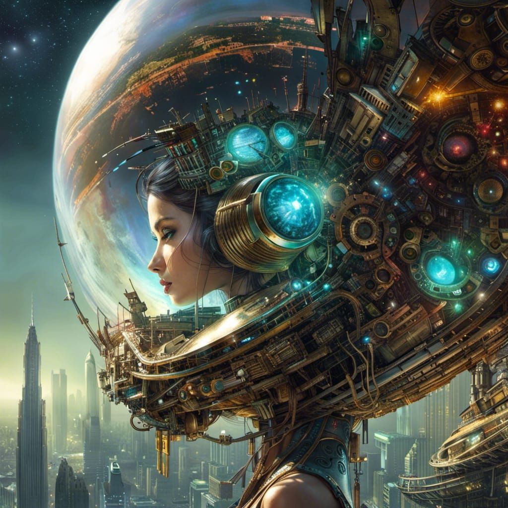 Steampunk Cybertronic Cityscape Under Dual Moons