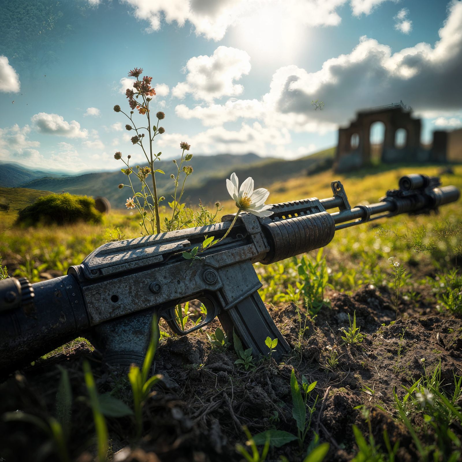 Rusted Rifle Reclaimed by Nature in Eco-Futuristic Meadow