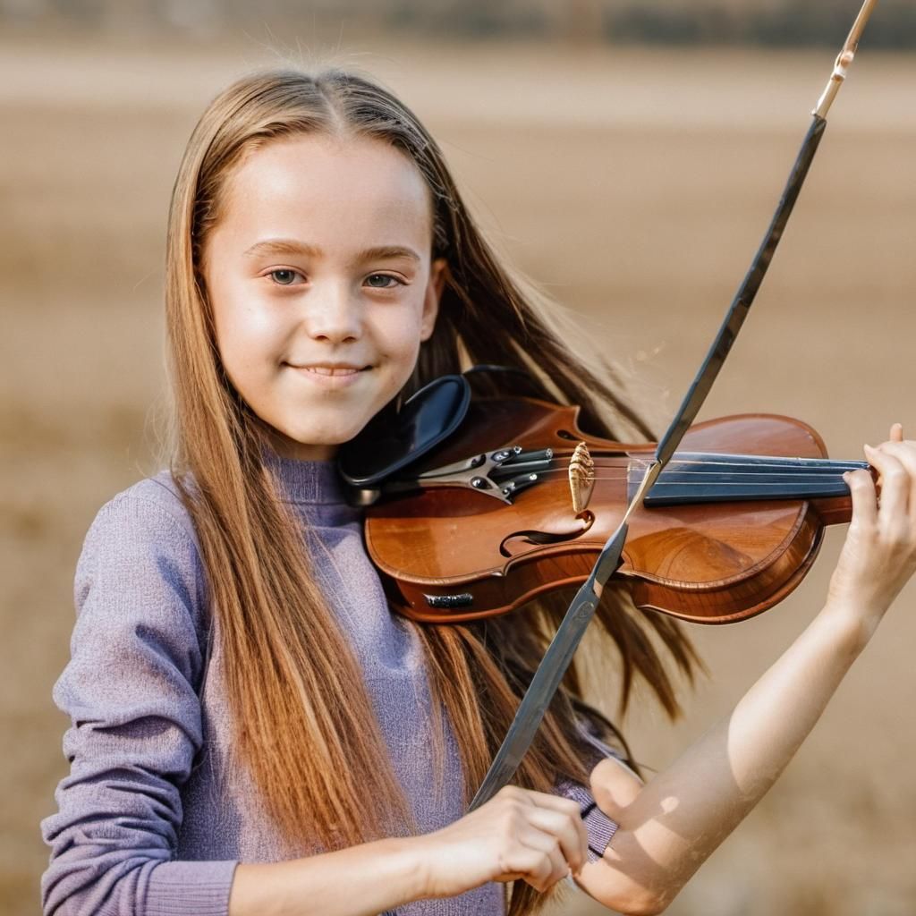 An 11 year gold girl playing the violin while holding the bo...