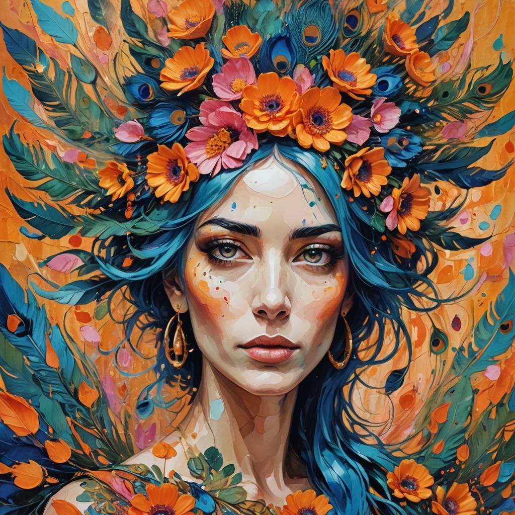 Abstract Expressionist Woman with Peacock Feathers