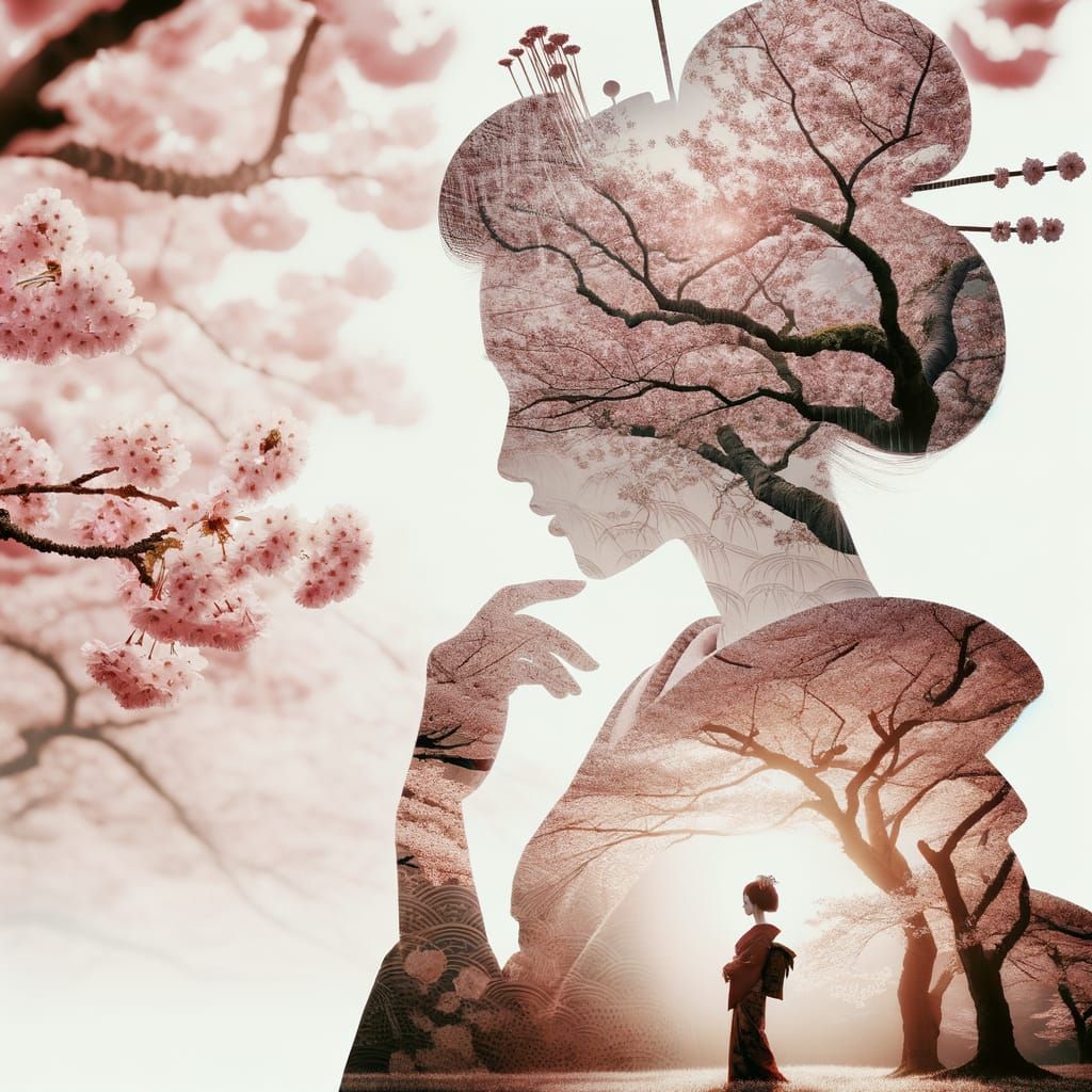 Geisha in Cherry Blossom Grove Double Exposure