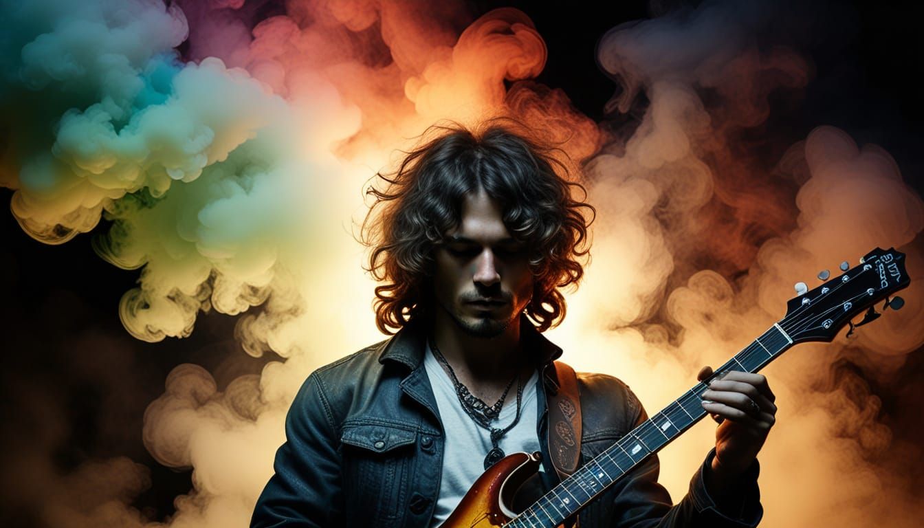 Surreal Rocker Portrait with Smoke Guitar