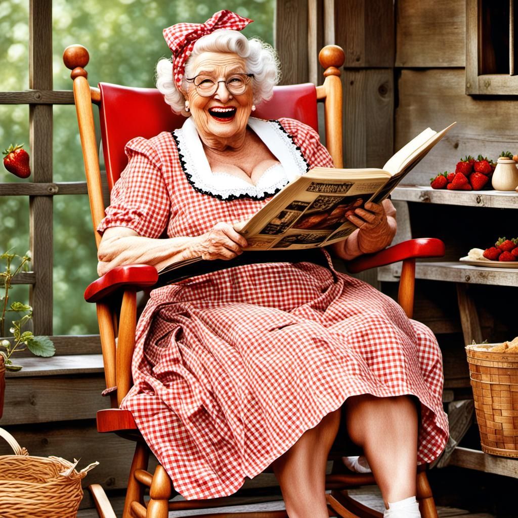 Elderly Pin-Up Woman in Gingham Dress Laughing
