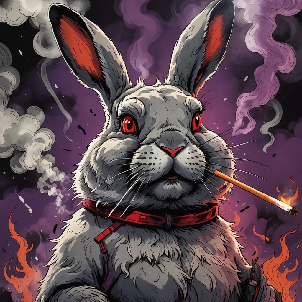 Smoking Rabbit in Heavy Metal Comic Style