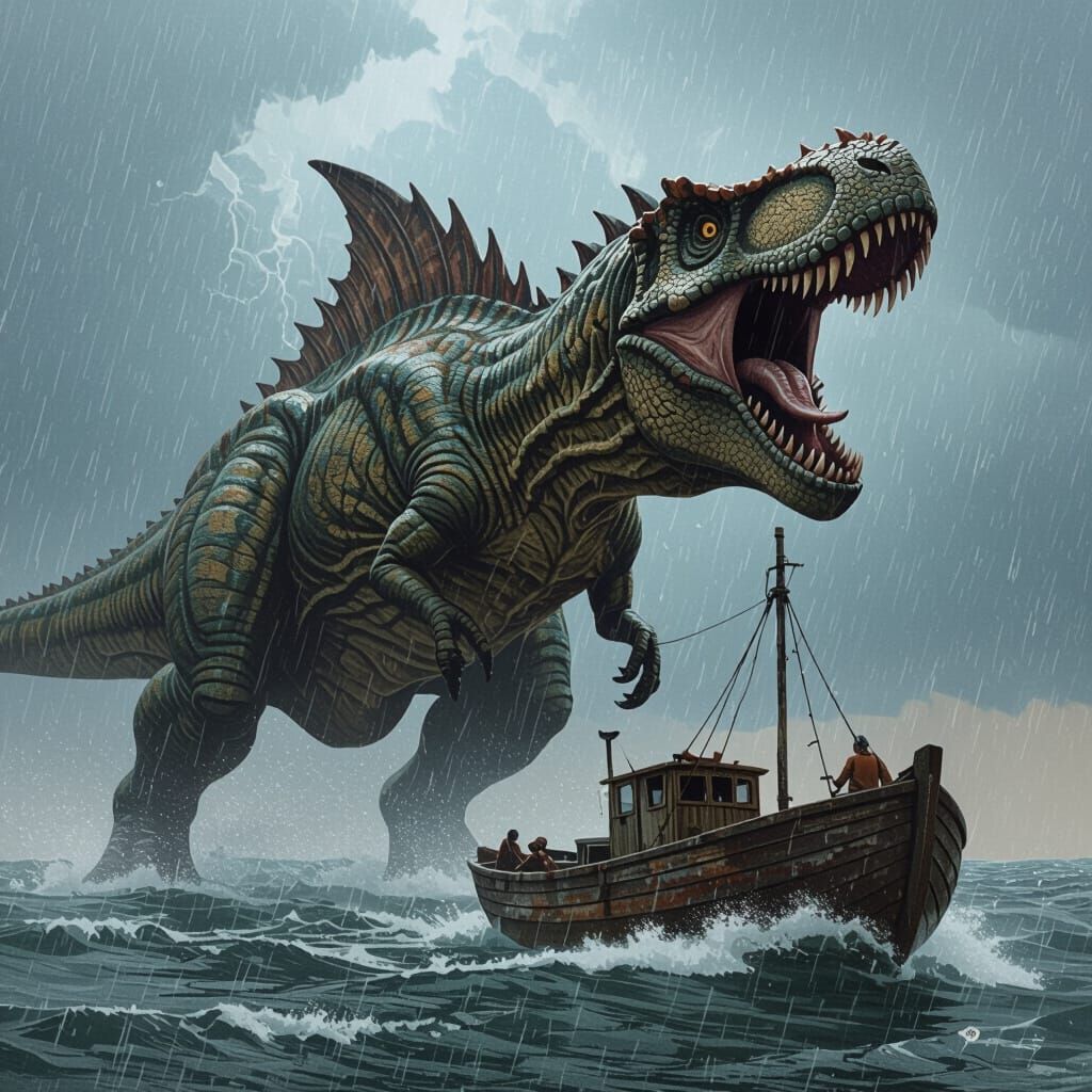 Dinosaur Attacks Fishing Boat During Thunderstorm