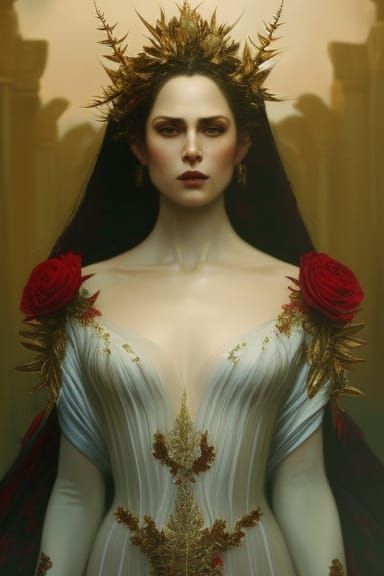 Woman in Red Gown with Roses, Digital Painting
