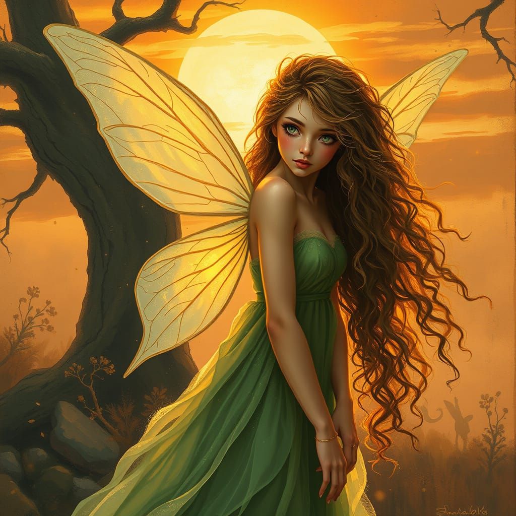 Enchanted Fae Princess Amidst Sunset Whimsy