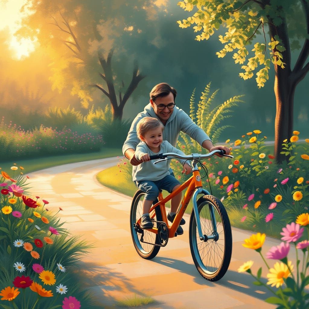 A whimsical scene of a father teaching his child how to ride...