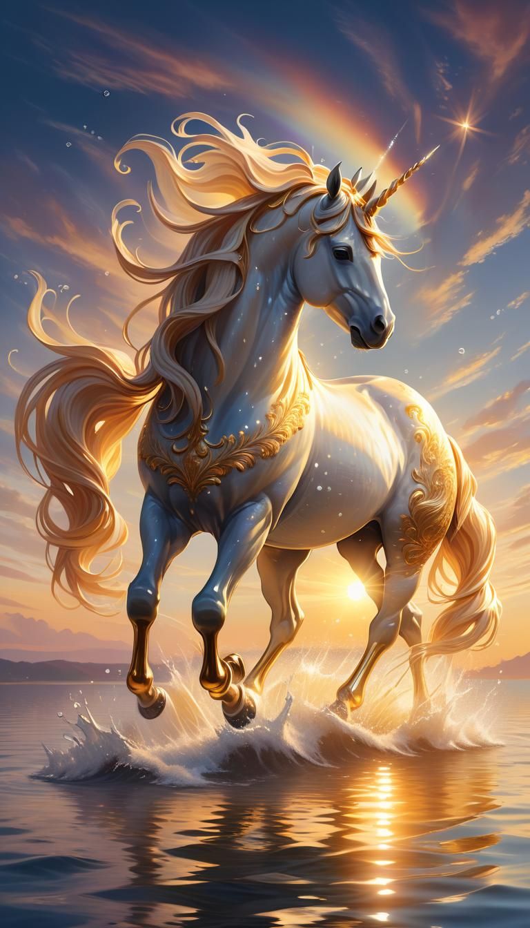 Unicorn Playing in Water at Sunset with Golden Glow