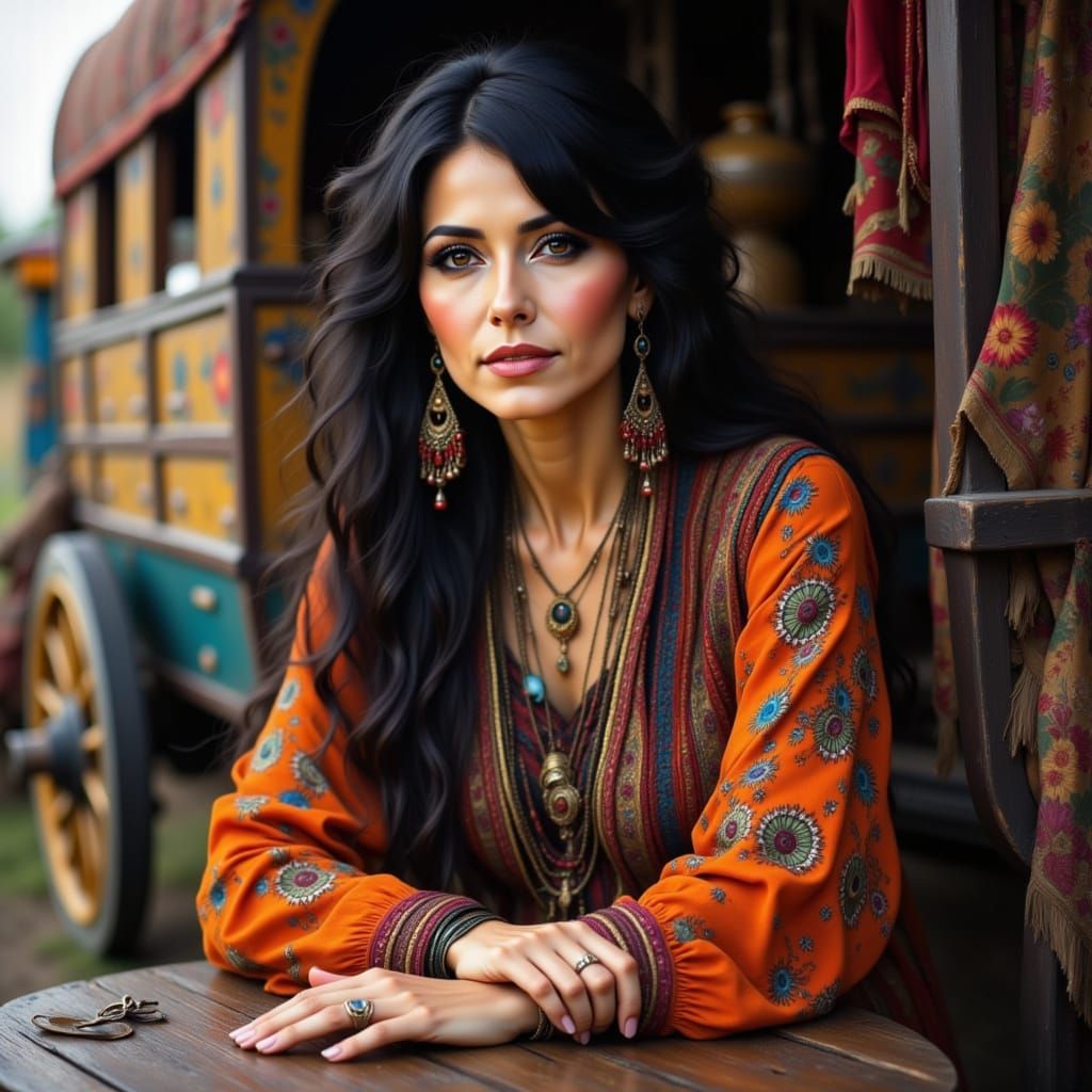 Gypsy Woman in Bohemian Style Outside Wagon