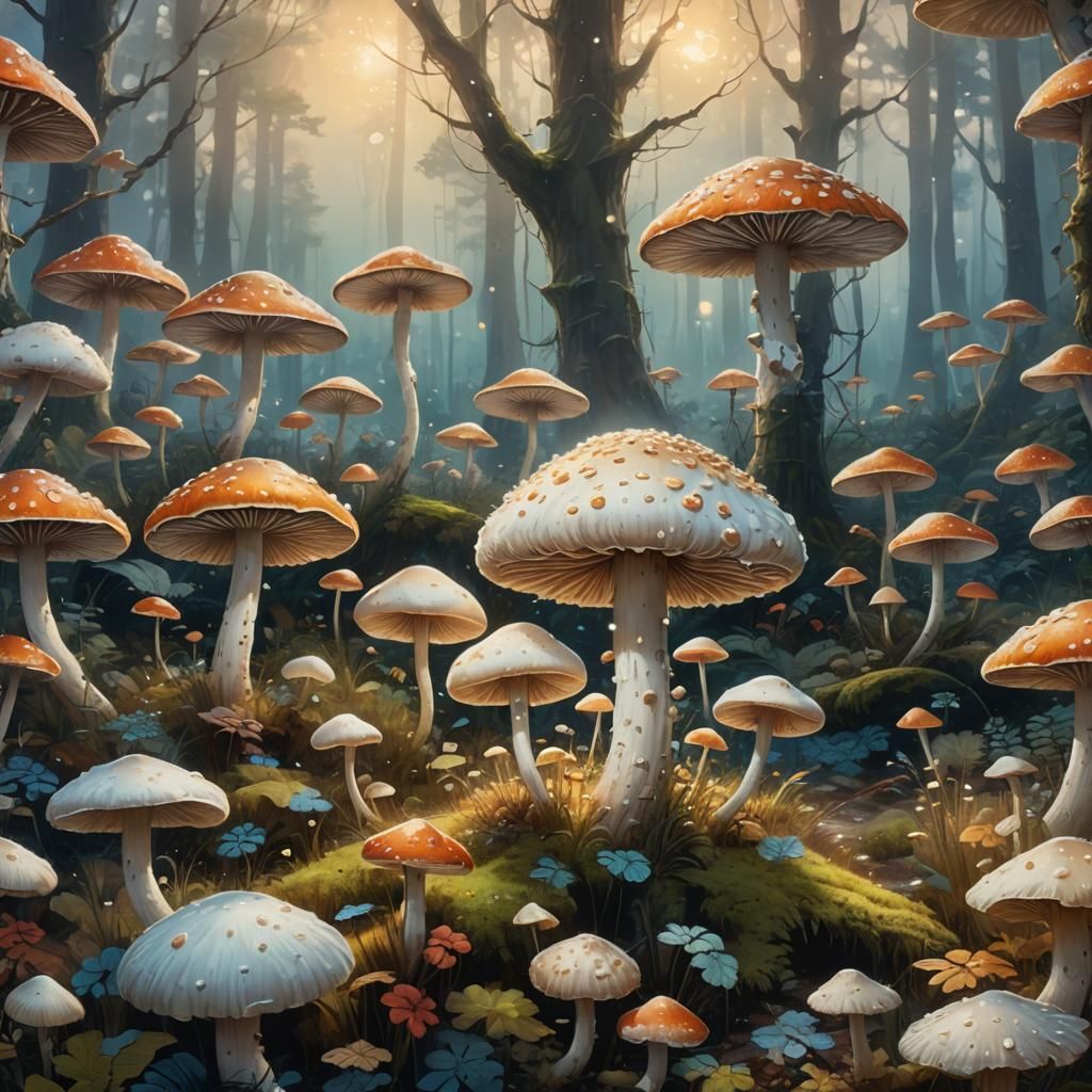 Magical Spore Cloud Mushroom in Dreamy Forest