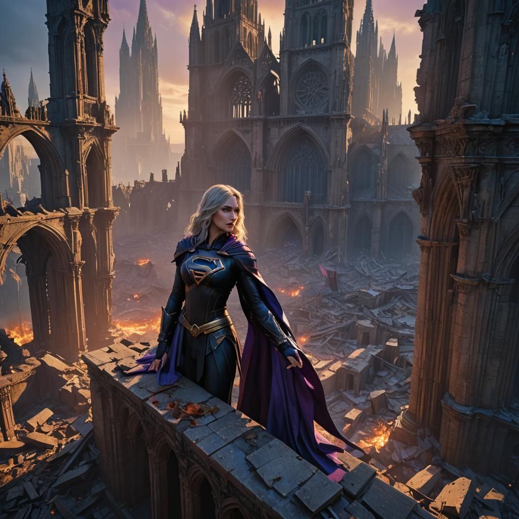 Gothic Supergirl in a Ruined Cathedral