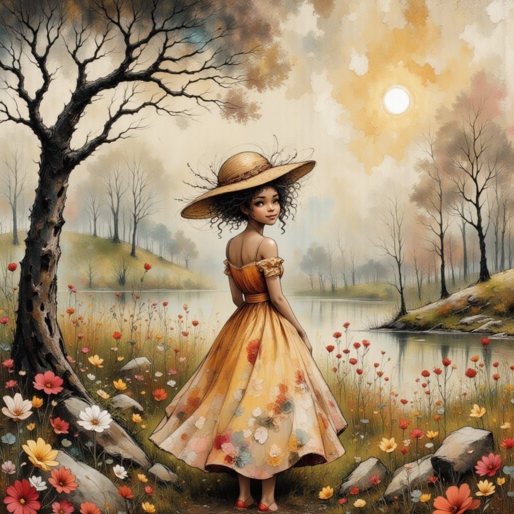 Woman in Meadow in Whimsical Watercolour Style