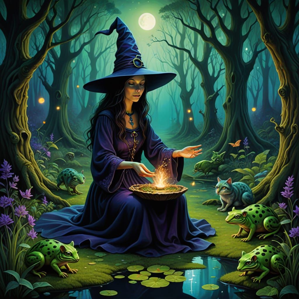 Surreal Witch Transforms Cat to Frog in Moonlit Forest