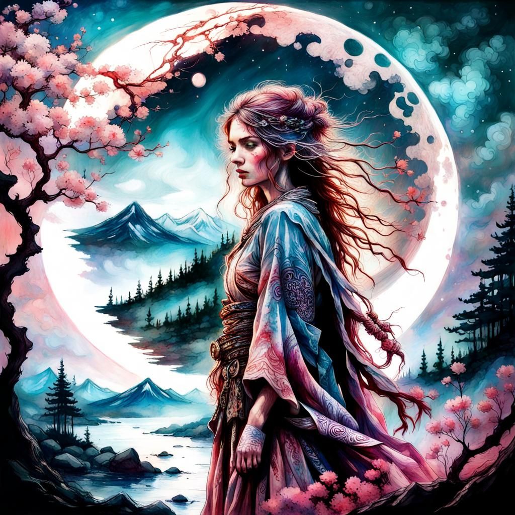 Warrior Girl on Bloodmoon in Surreal Style