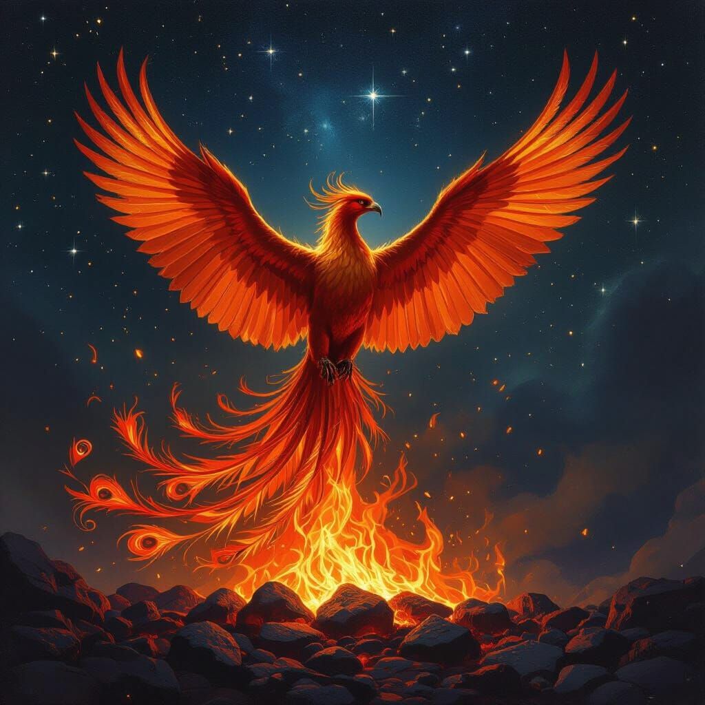 Majestic Phoenix Rises Amidst Fiery Embers and Cosmic Sky