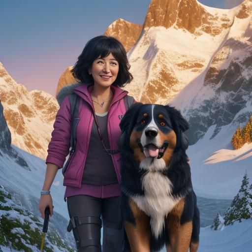 Asian-American Woman and Bernese Mountain Dog in 3D