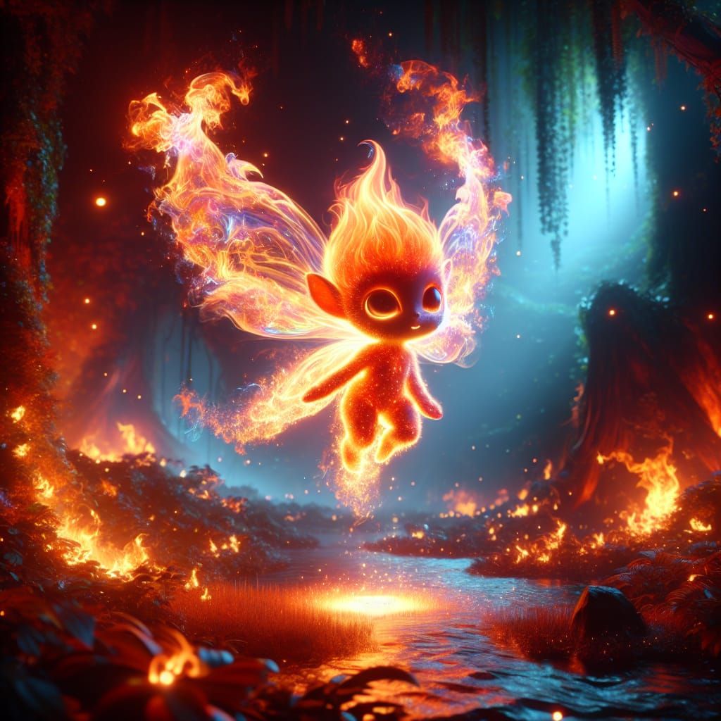 Fiery Fairy Flies Through Forest at Night