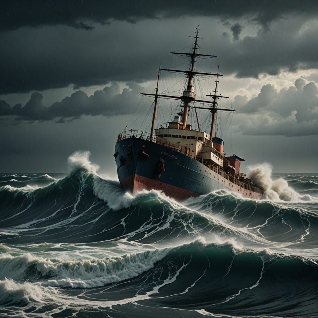 Majestic Cargo Ship Battles Turbulent Stormy Ocean