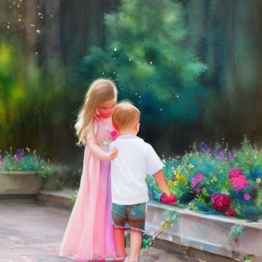 Cute Children in Slavic Village: Watercolor Art