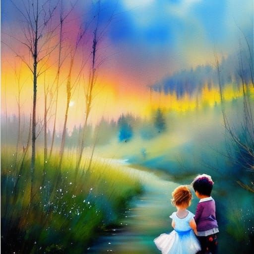 Charming Spring Village Scene in Watercolor Style