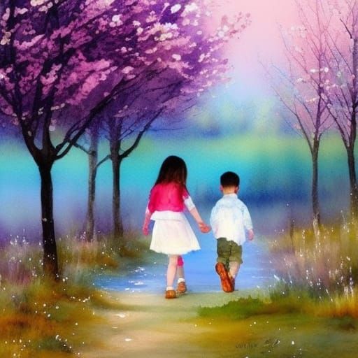 Cute Children in Slavic Village: Watercolor Art