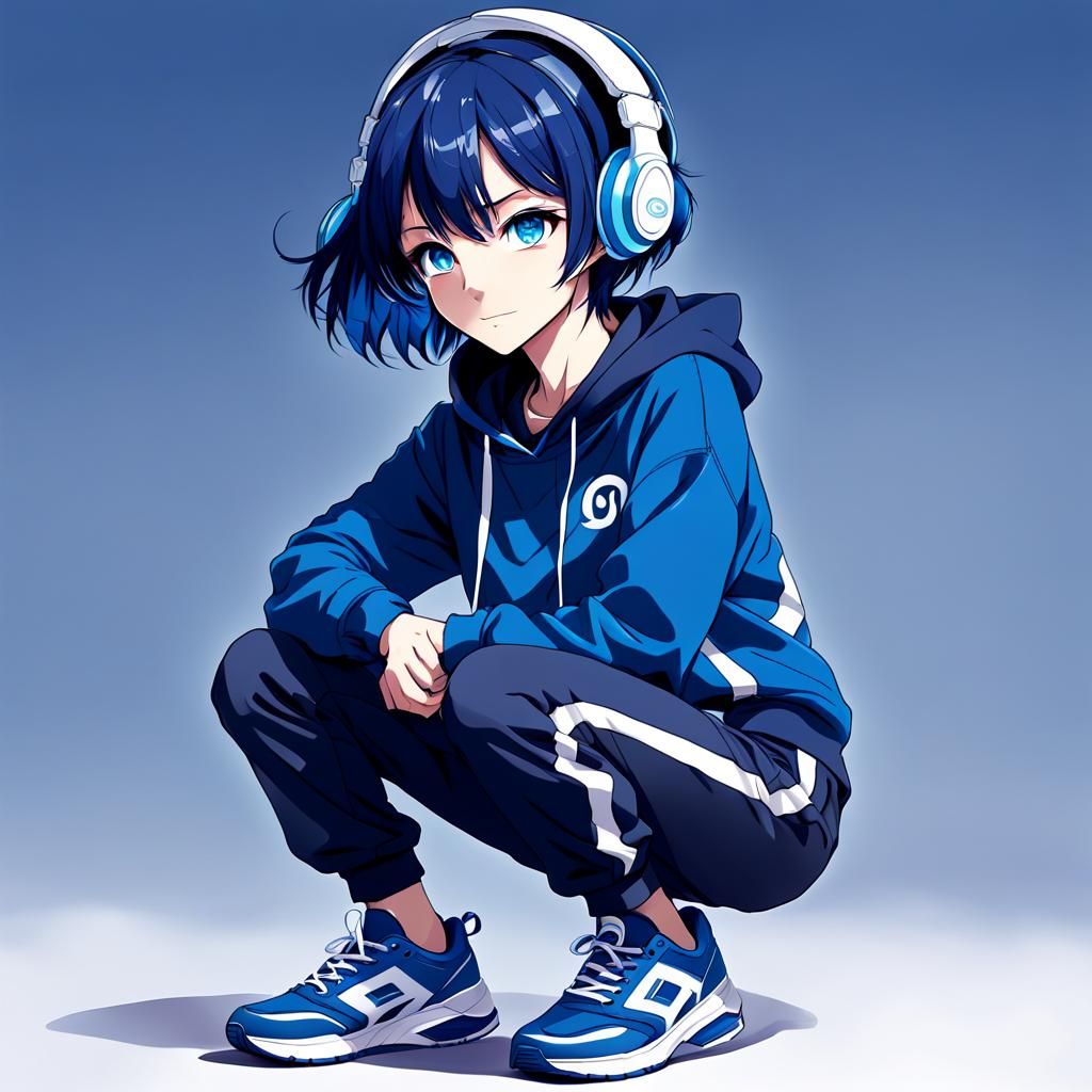 Anime Girl with Blue Hair and Headphones