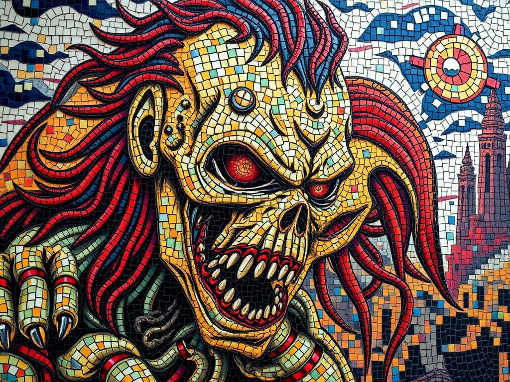A grand mosaic tile mural depicting monstrous figures-ZOMBIES!! , handcrafted from thousands of colorful ceramic and gla...