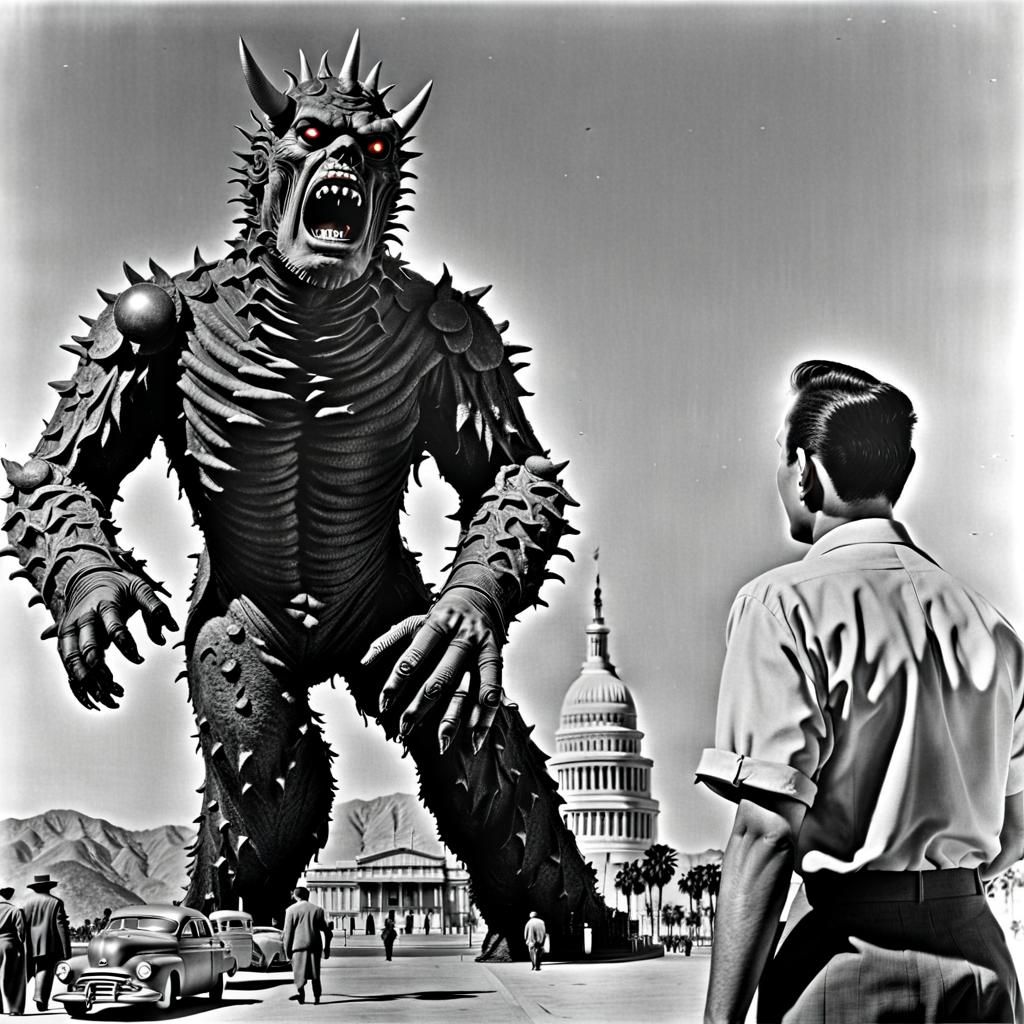 1950s science-fiction film where a anatomically accurate kaiju Giant Zombie destroys Los Angeles