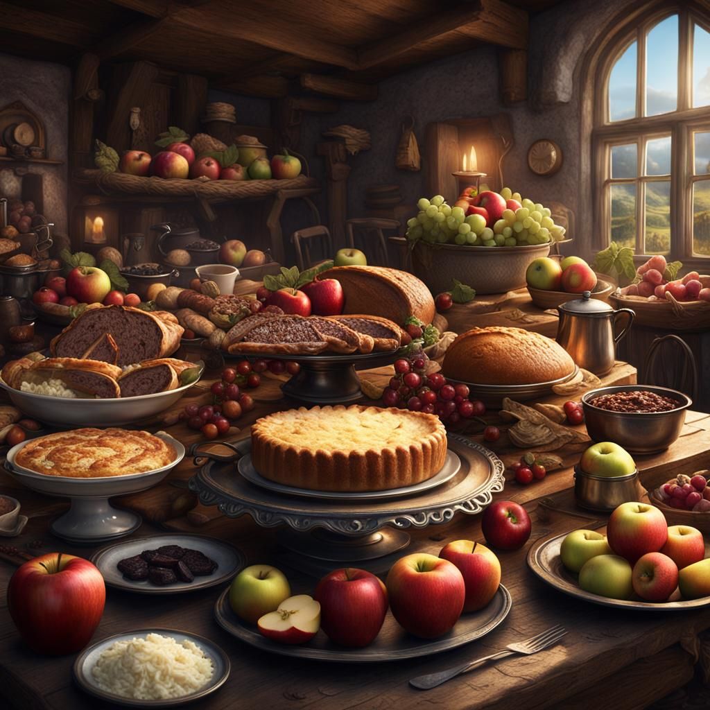 Harvest Table Feast in Detailed Matte Painting Style