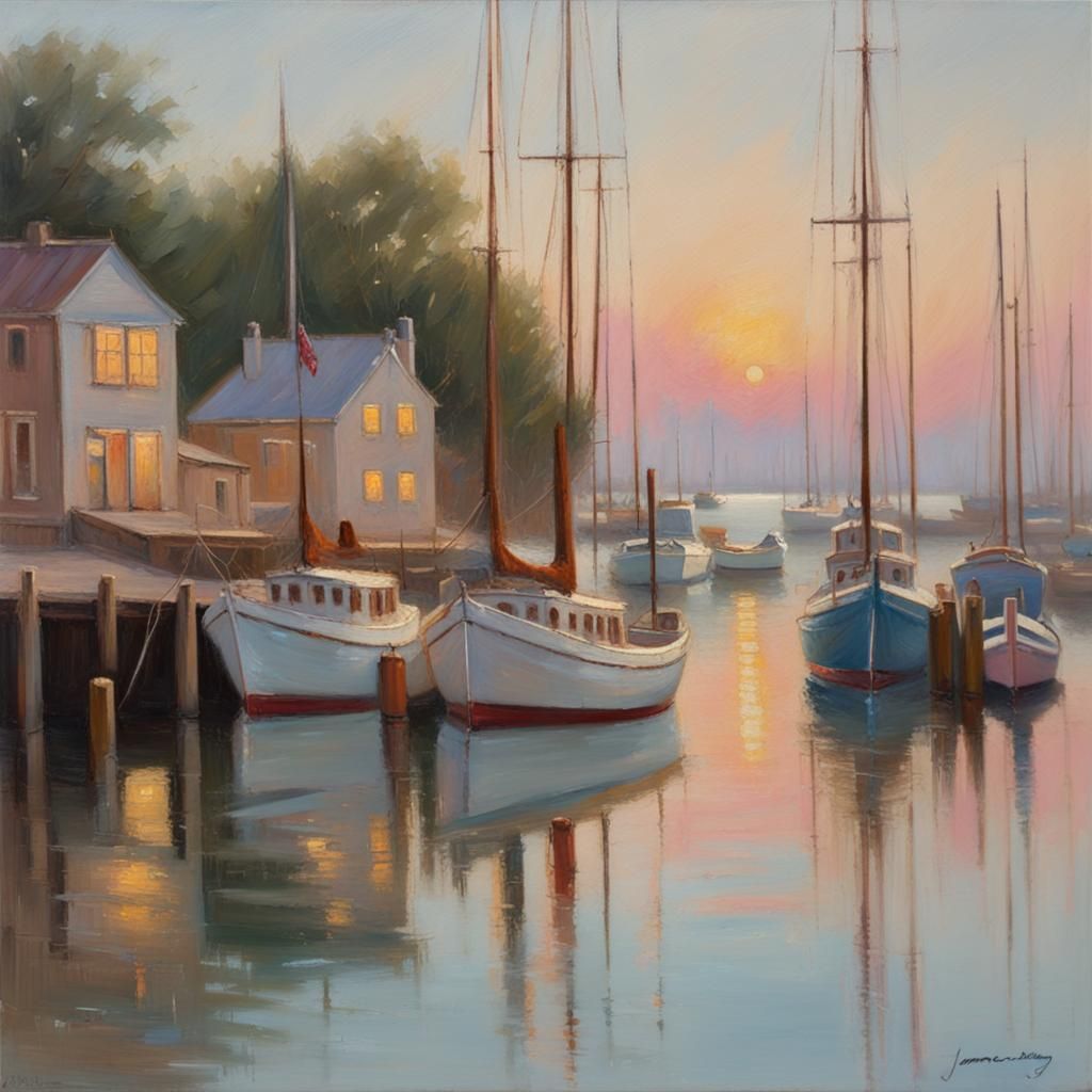 Dreamy Harbor Scene in Pastel Colors