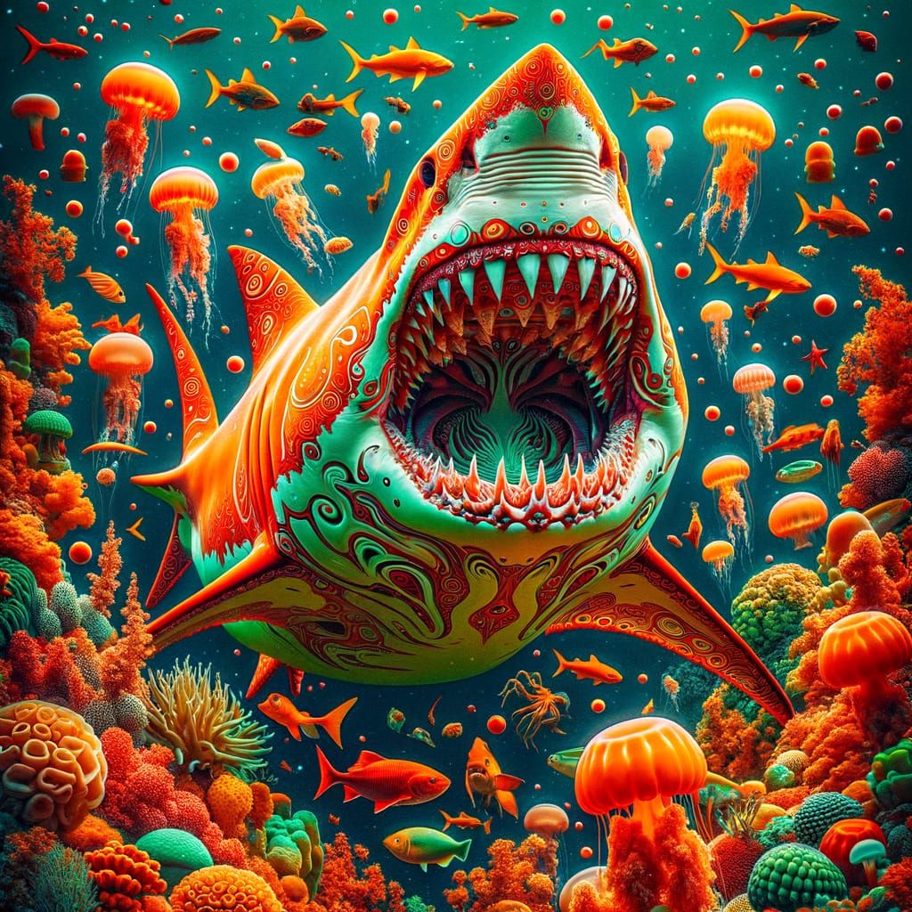 Vibrant Shark and Coral Reef in Surreal Inverted Colors