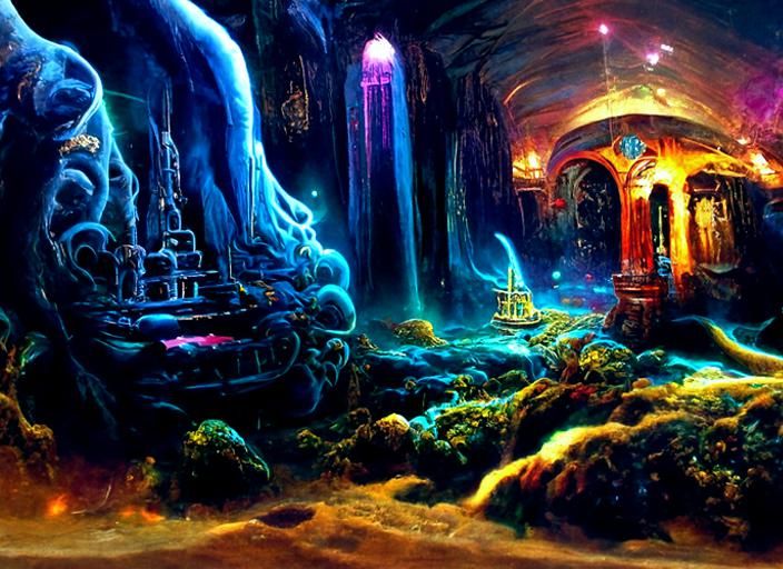 Bioluminescent Shipwreck Discovery in a Neon Fantasy