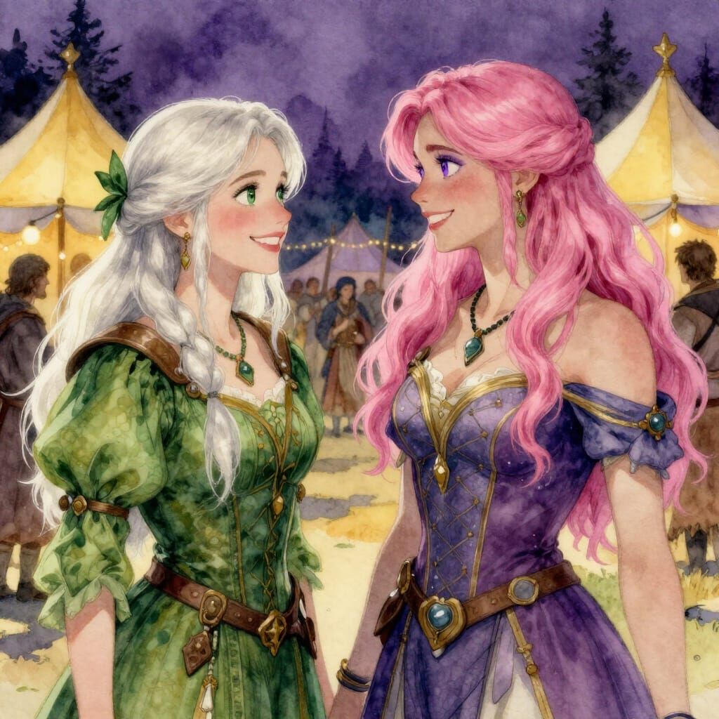 Viking Festival with Two Smiling Women in Watercolor Style
