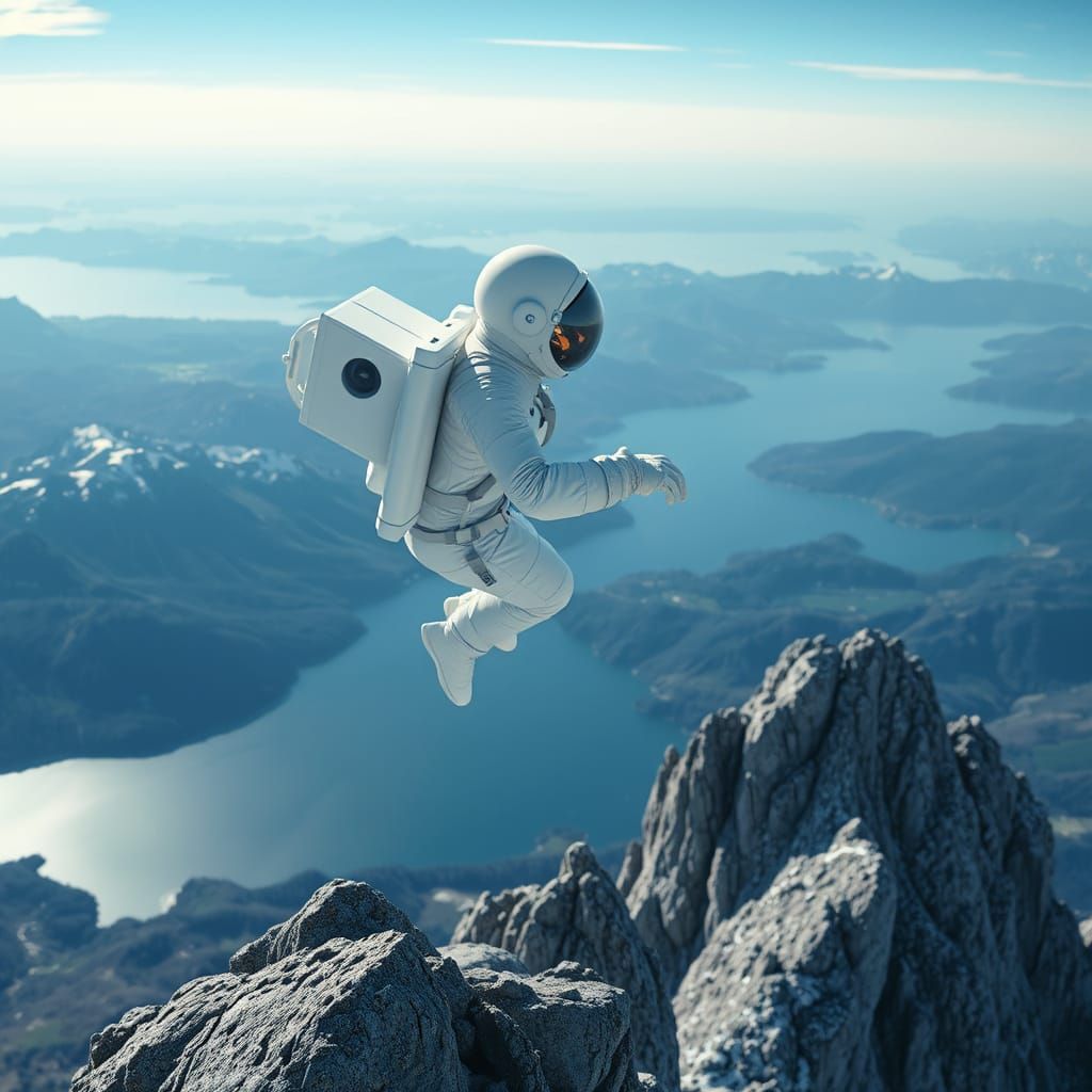 Astronaut Soars Over Swiss Alps in Hyper-Realistic Landscape