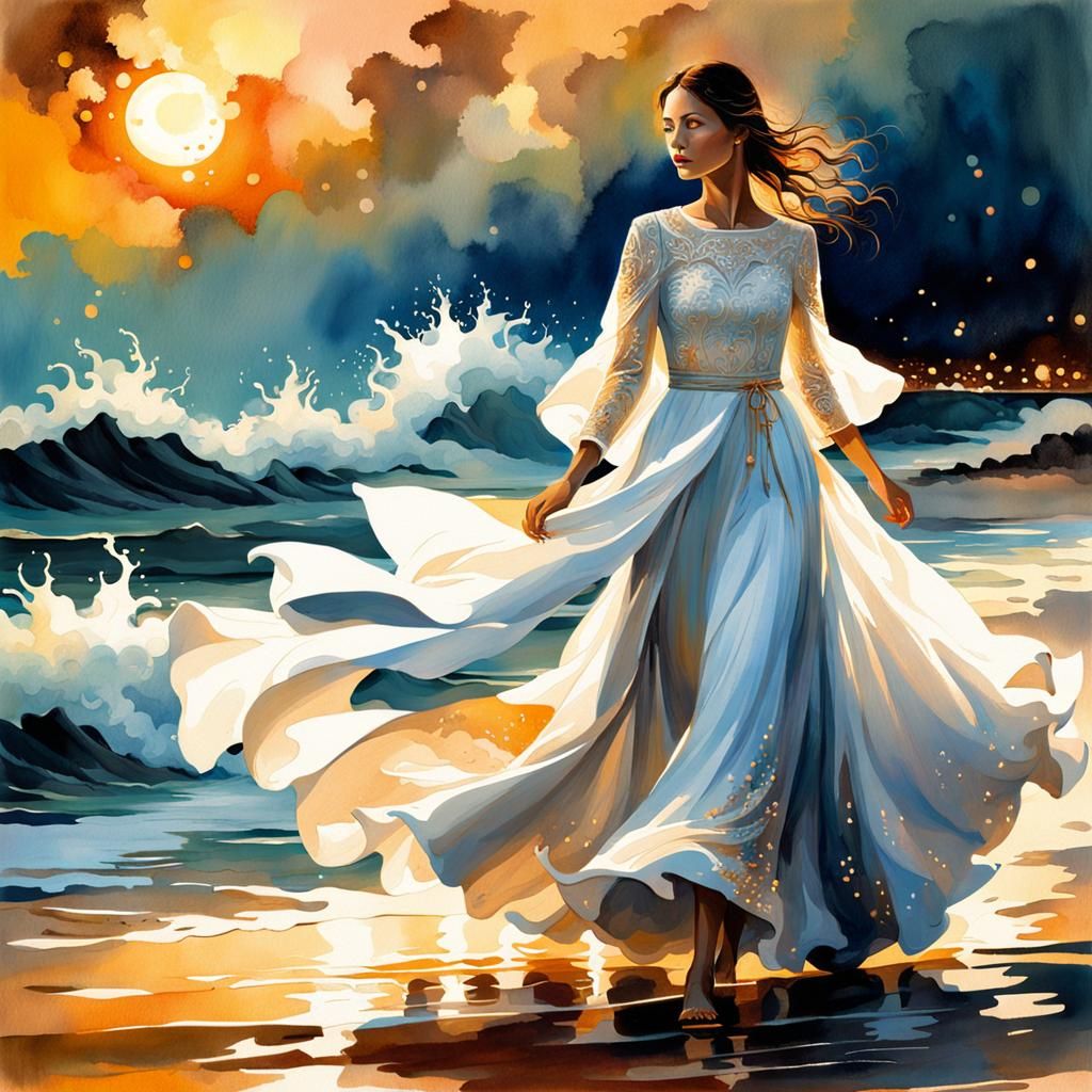 Ethereal Woman Walking on Beach at Night in Watercolor