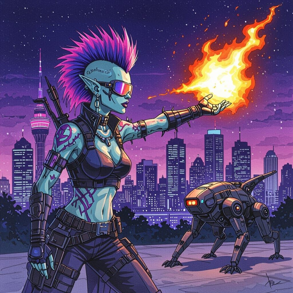 Elf Shadowrunner Casts Fireball in Neon Canberra