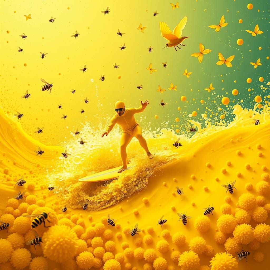 Yellow Landscape with Surfer in Dreamlike Illustration