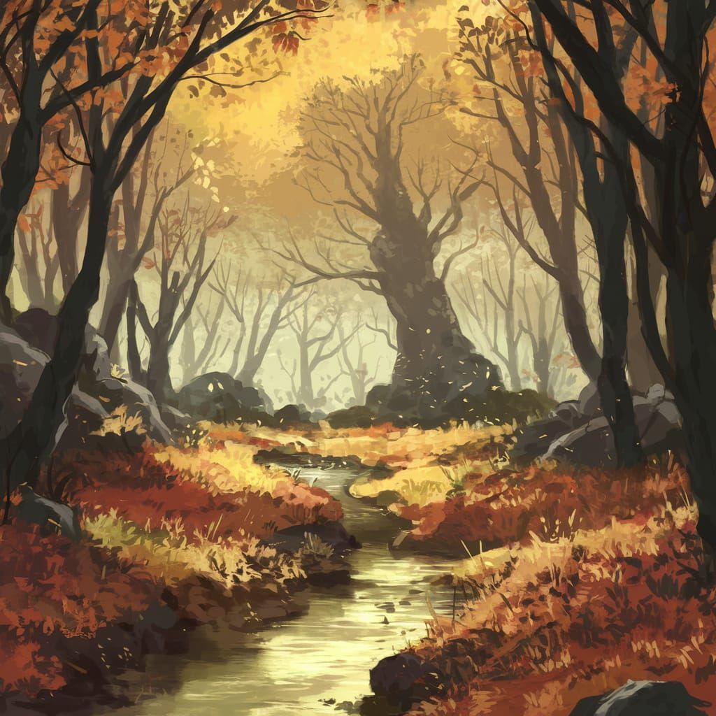 Whimsical Forest Glade in Warm Golden Light